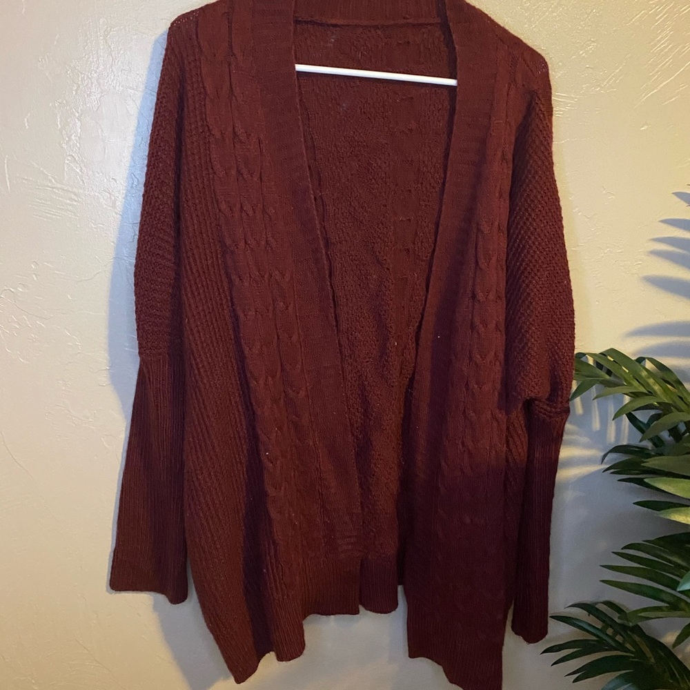 Burgundy Knit Sweater Cardigan Open Front
